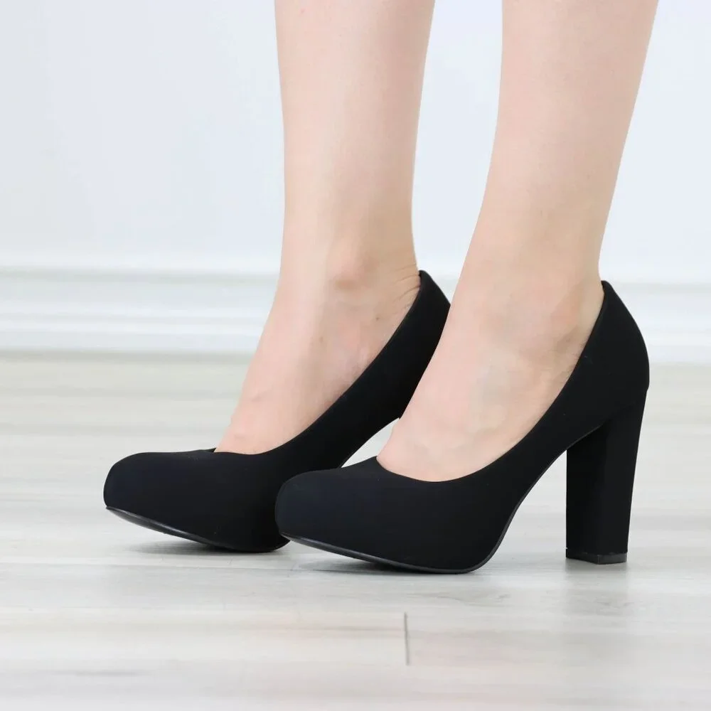 Black Block Heel Pumps Closed Toe Slip On High Heel Classic Style - Picture 1 of 12
